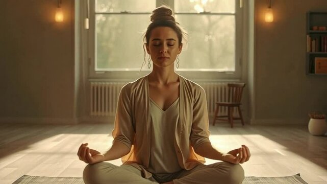 A serene woman meditating in a bright, peaceful room, promoting mindfulness and relaxation.