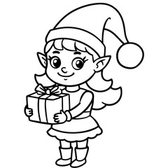  cute young christmas elf girl with present box