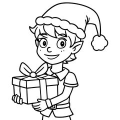 cute young christmas elf boy with present box