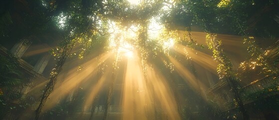 Obraz premium A serene jungle scene with vibrant green foliage, where sunlight streams through the dense canopy, creating a magical atmosphere filled with beams of light and tranquility.