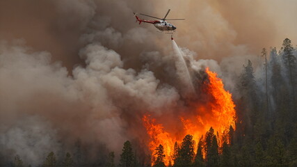Obraz premium Helicopter Battling Forest Fire: Water Dropping Over Intense Blaze with Thick Smoke and Fiery Landscape – Detailed Red Markings, Rescue Equipment, High-Definition Photorealistic Scene