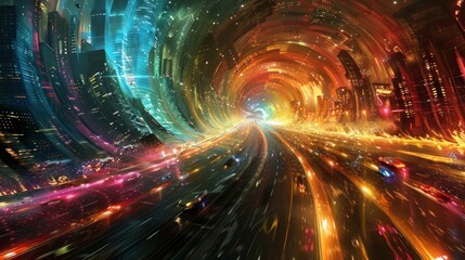 Fototapeta premium A vibrant, swirling tunnel of light and color, depicting a futuristic cityscape and motion.