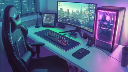 Naklejka premium Gaming Chair and RGB Setup with Warm Lighting