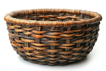 Wicker basket with rustic brown tones. Perfect for adding a natural touch to home decor, crafts, or food photography.