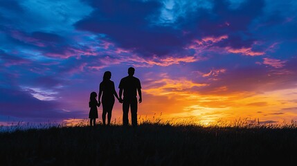 Fototapeta premium Silhouettes of a family standing in a field at sunset.