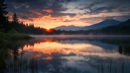 Obraz premium A serene mountain lake at sunrise, with mist rising from the water and reflecting the vibrant colors of the sky.