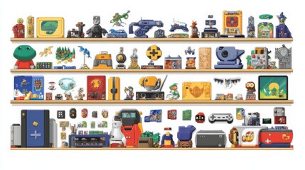 Playful Game Collection on Shelves with Soft Lighting