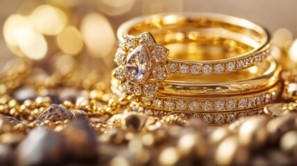 Close-up of golden diamond rings with sparkling jewelry background