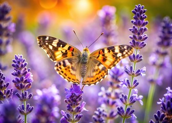 Obraz premium Painted lady flitting on lavender, a vast garden panorama.