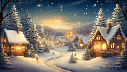 Fototapeta premium A nostalgic Christmas card featuring a warm, magical winter village scene with cozy cottages, twinkling lights, and snowy streets, capturing the charm and joy of the most beautiful time of the year.