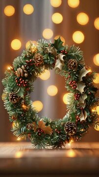 A festive Christmas wreath adorned with pine, berries, and lights, set against a bokeh background.