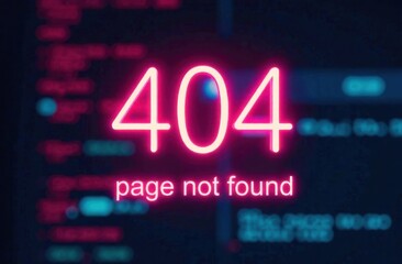 sign with glowing neon text in center &ldquo;404&rdquo; and text "Page not found" under it over blurred digital background