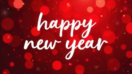 Big white Handwriting thin Letters “happy new year ” over red Christmas blurred background