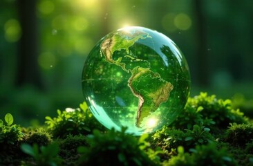 Glowing glass planet earth on green natural background, ecology concept