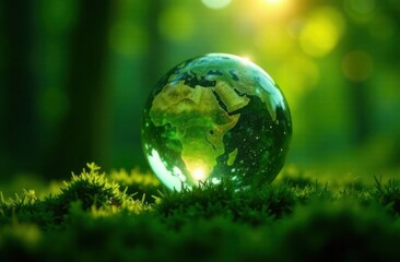 Glowing glass planet earth on green natural background, ecology concept