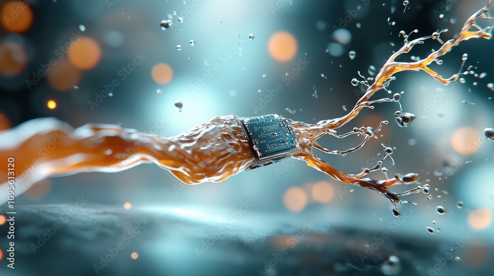 Poster macro shot of ai processor in dynamic liquid splash