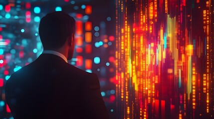 Businessman examining a holographic chart.