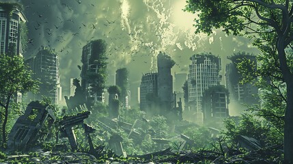 Obraz premium Illustration of Crumbling Ruins of City Buildings and Houses, Depicting an Abandoned, Post-Apocalyptic Urban Landscape Filled With Decay, Destruction, and the Passage of Time