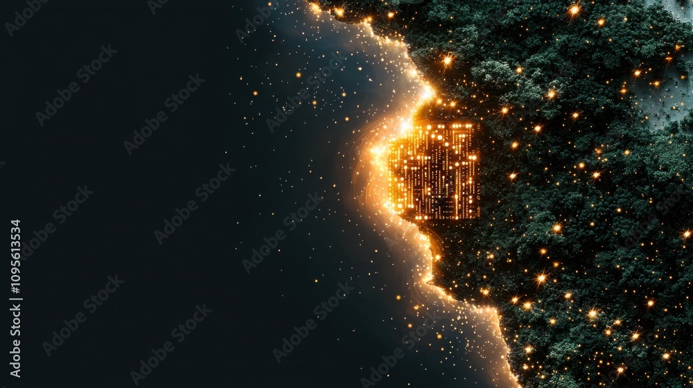 Poster glowing microchip with illuminated ai text design
