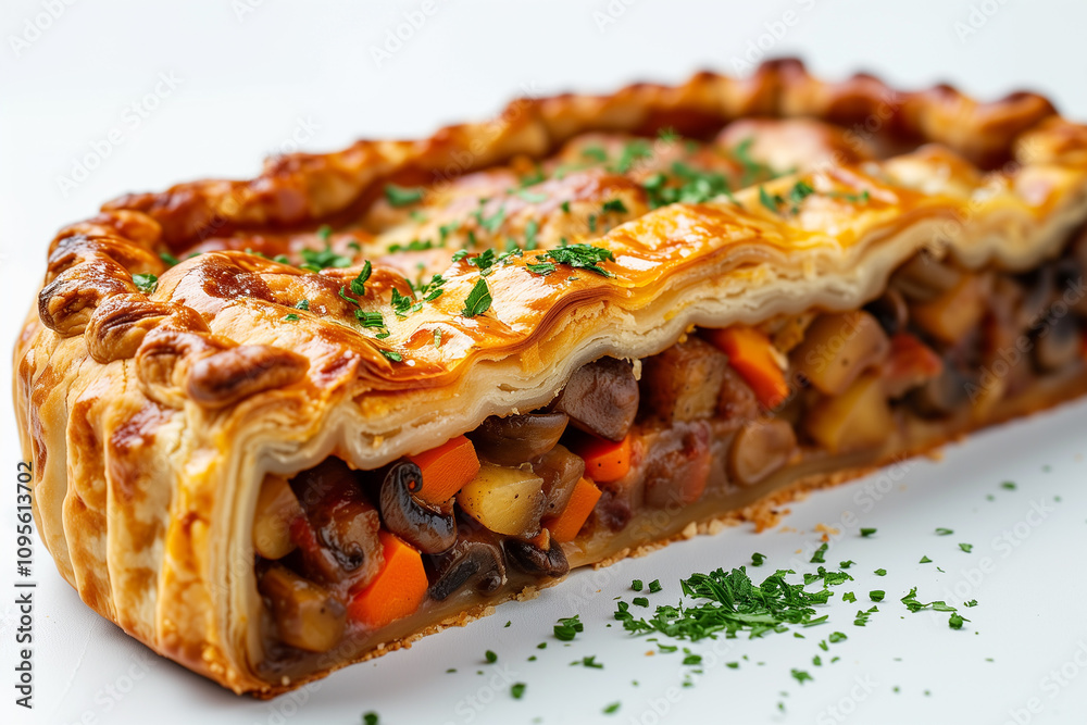 Wall mural Pie with vegetables and mushrooms in cutting, isolated on white background.