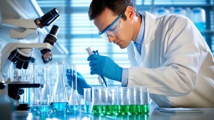 Fototapeta premium Scientist in lab coat working with pipettes, beakers, and microscopes.