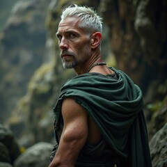 Elderly Male Warrior in Ancient Robes Amidst Rocky Landscape