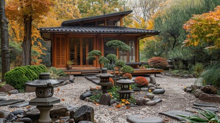 Obraz premium Tranquil Japanese garden with a wooden house, featuring stone lanterns and vibrant autumn foliage.