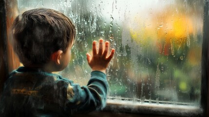 A young boy sitting in a window seat, watching the rain outside, his hand tracing patterns on the foggy glass.