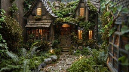 A whimsical, moss-covered cottage surrounded by lush greenery and a stone pathway.