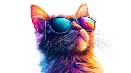Naklejka premium Playful cat wearing sunglasses indoor digital art colorful fun