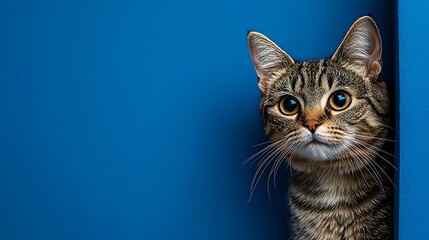 Fototapeta premium Curious cat peeking around blue wall home environment photography