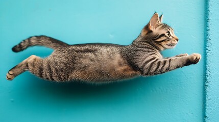 Naklejka premium Cat leaping against turquoise wall indoor animal action shot