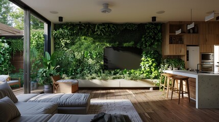 Fototapeta premium Modern living room with a lush vertical garden and cozy seating area.