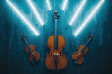 Fototapeta premium Dynamic violin display artistic venue photography modern setting elevated angle music and light concept