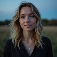 Young Woman with Long Blonde Hair in a Field at Sunset