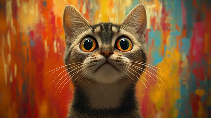 Curious cat gazing at vibrant background indoor scene close-up