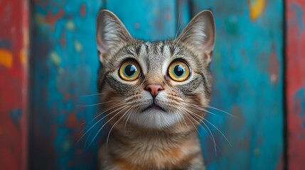 Curious cat portrait colorful background animal photography indoor close-up whimsy