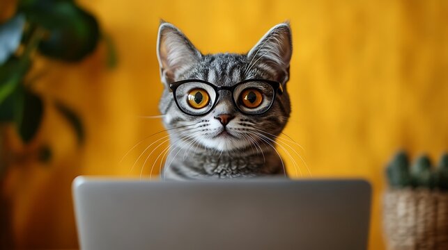 Curious cat with glasses working on laptop home office lifestyle