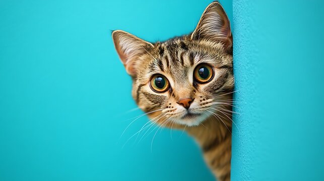 Curious cat peeking around colorful wall indoor setting portrait