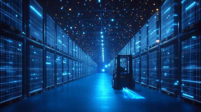 Driverless forklifts navigating through storage racks in a futuristic high-tech warehouse, with glowing wireframe structures and scattered light particles on a dark blue background.