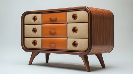 a brown and tan chest of drawers