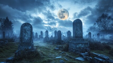 An ancient graveyard filled with crumbling tombstones, shrouded in mist, under a cloudy sky illuminated by the glow of a super moon, creating a mysterious, otherworldly atmosphere.