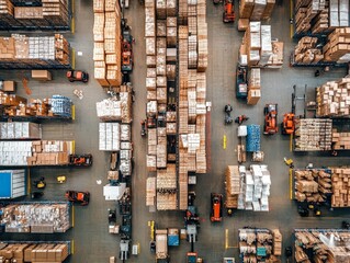 An overhead shot of a busy warehouse floor, with workers, forklifts, and robotic systems efficiently moving and organizing stock.