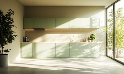 empty kitchen wall mockup with light green cabinets and beige floor, modern minimalist style interior design,


