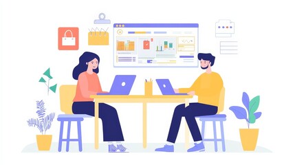 Two young entrepreneurs sitting at a desk, surrounded by their product line and laptops, excitedly analyzing their online store performance metrics.