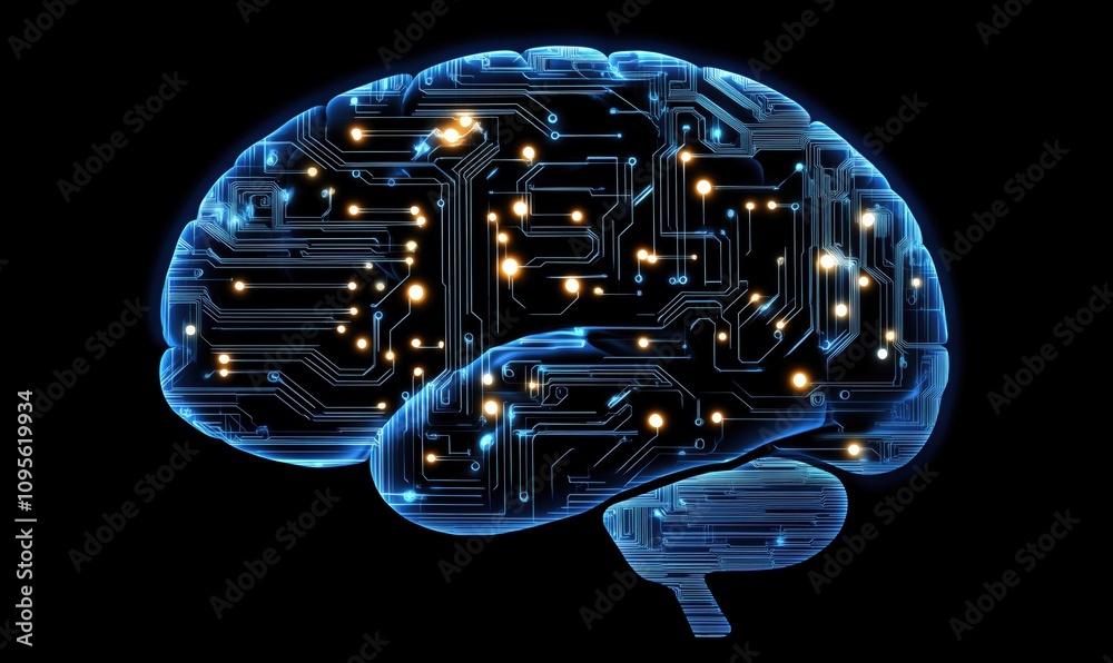 Poster digital brain with circuit patterns and glowing nodes, representing technology and artificial intell