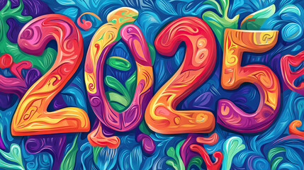 Happy New Year 2025 greetings and celebrations with unique Decorated Numbers "2025": Creative typography for "2025" in vibrant colors.