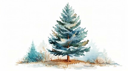 Watercolor Painting of a Single Blue Spruce Tree