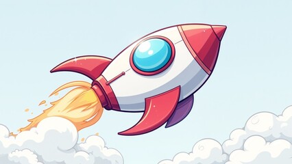 A vibrant cartoon rocket soaring through the sky, leaving a trail of fiery motion behind it