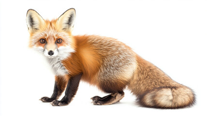 Obraz premium Endearing mammal with fluffy tail posing on pure white background, showcasing its vibrant orange and brown fur